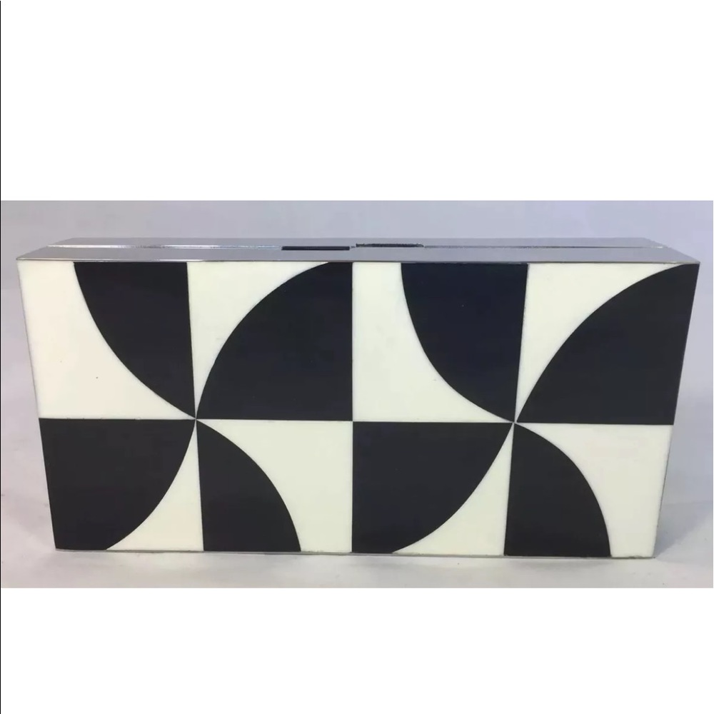 New Handmade Minaudière Clutch Bag Gold Inlaid Resin Black White Pin Wheel
